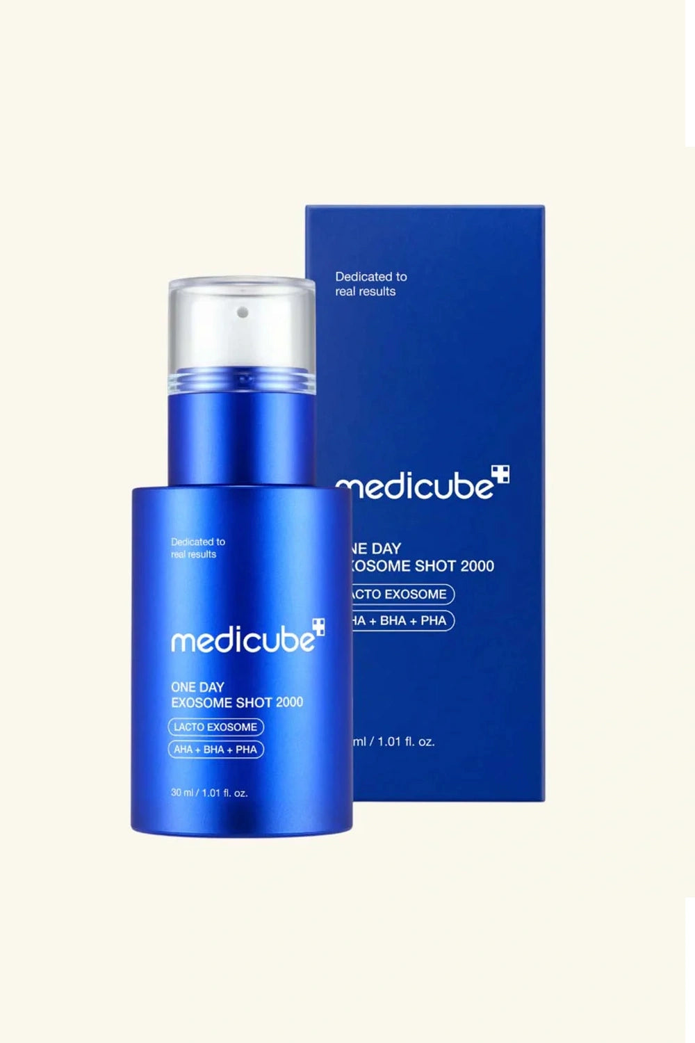 Blue skincare product bottle and packaging with 'medicube' branding on a white background