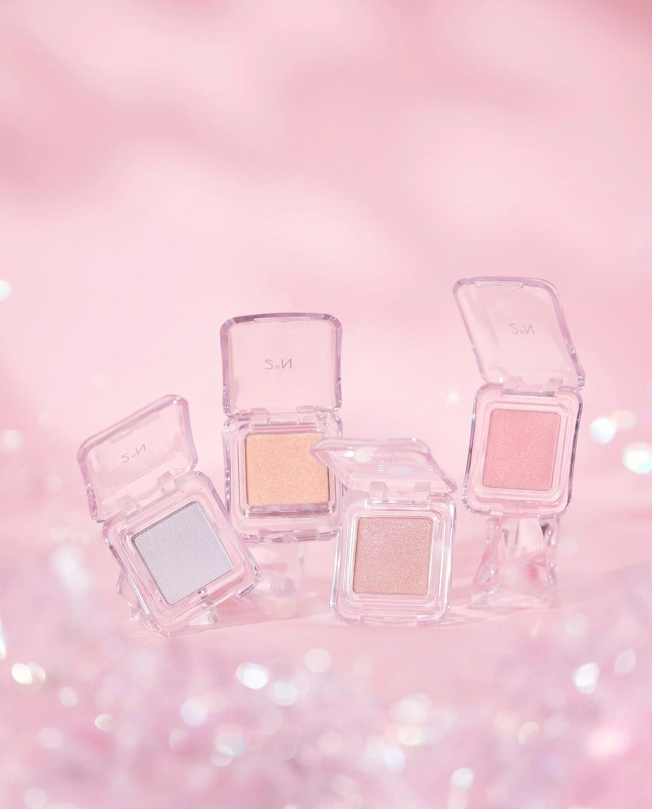 Four clear square eyeshadow compacts with open lids, displaying shimmering eyeshadow shades in silver, peach, pink, and champagne, arranged on a soft pink glittery background.