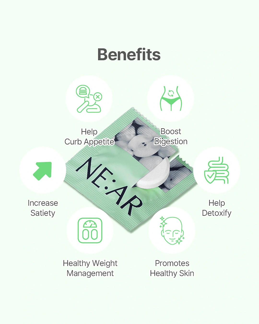 A promotional graphic for NE:AR dietary supplement capsules on a pale mint green background. The product packaging is a green foil packet with a photo of a person and the text 'NE:AR' in large black letters.