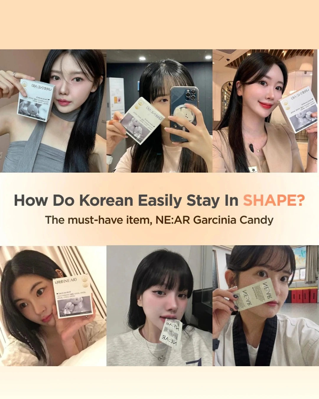 A promotional collage with five photos of a woman holding and eating NE:AR Garcinia Candy, with the text 'How Do Korean Easily Stay In SHAPE? The must-have item, NE:AR Garcinia Candy' across the center.