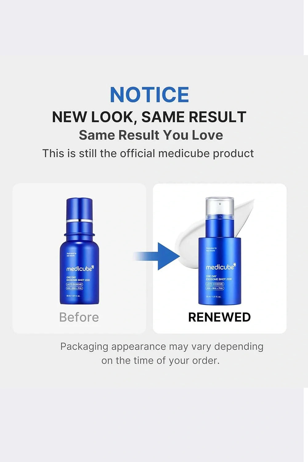 Comparison of medicube product packaging before and after a renewal, with text indicating 'New Look, Same Result'.