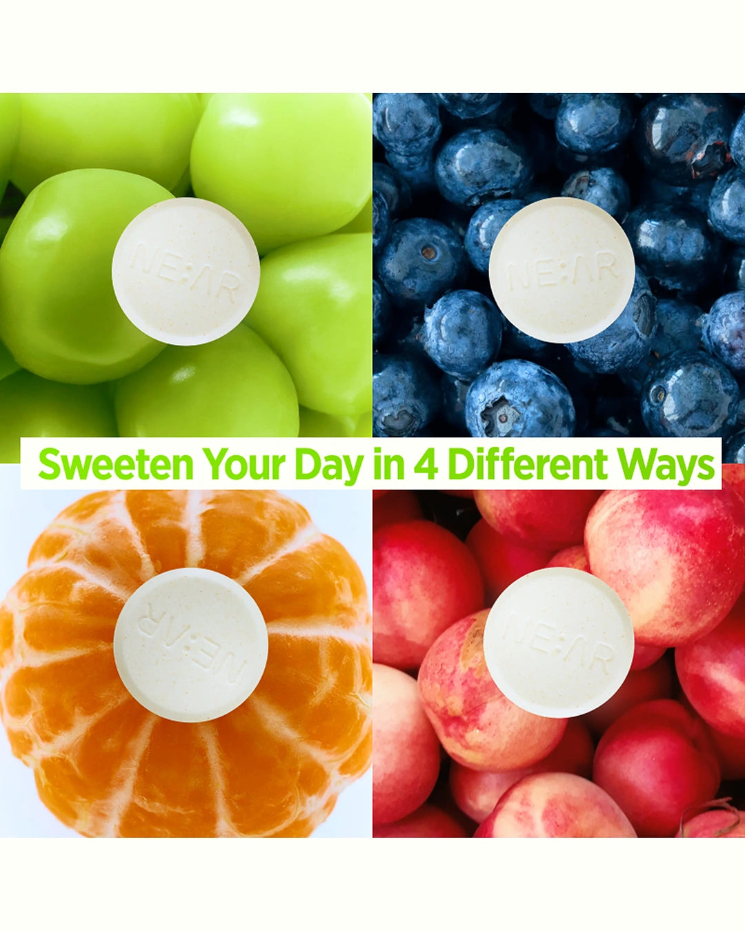 A 2x2 collage showing a white Kvisp sugar-free candy piece placed over each of the following fruits: green apples, blueberries, an orange, and red apples. A green banner across the center reads, 'Sweeten Your Day in 4 Different Ways.