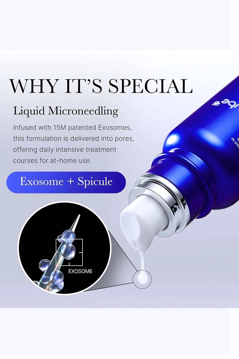 Blue serum bottle with a dropper labeled 'Exosome + Spicule' on a white background.