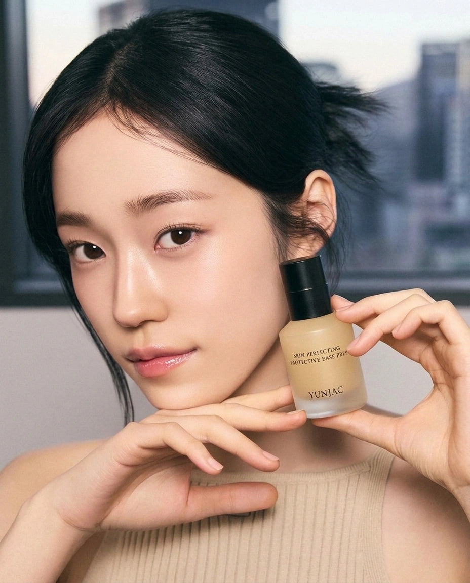 A woman holds a bottle of Finiac Sun Protecting Moistive Base Paint against her face in a close-up shot. The bottle is a frosted beige color with a black cap, and the background is a soft-focus gray cityscape.