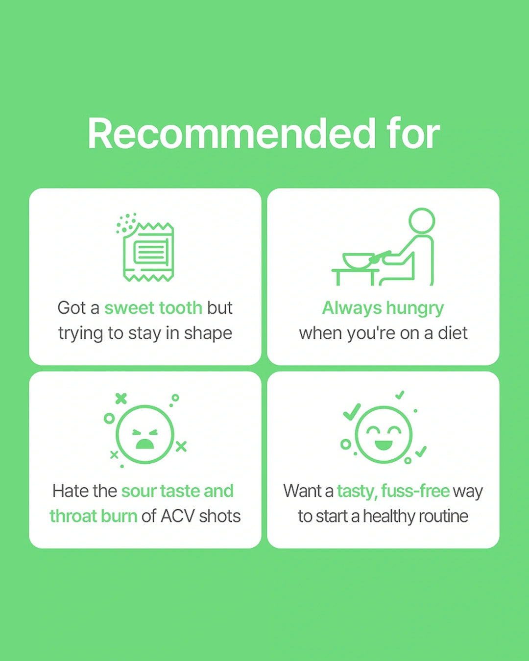 A green and white promotional graphic with the heading 'Recommended for' and four rounded white panels showing icons and text for dental or health-related use, such as sweet tooth issues, hunger on a diet, sore throat after ACV shots, and a tasty fuss-free routine.