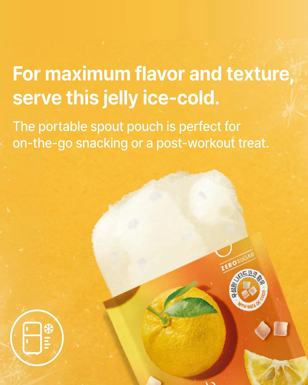 Promotional graphic for a portable spout pouch of jelly ice-cold candy. The image features a bright yellow-orange background with white text describing the product's use, a graphic of white fluffy jelly ice, and the product packaging showing an orange illustration.