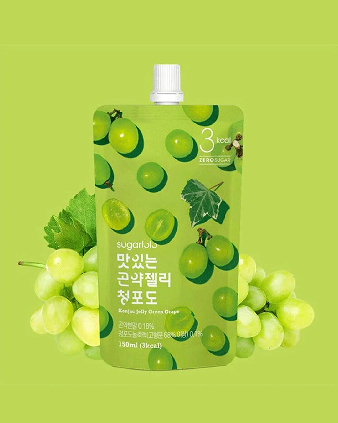 A green stand-up pouch of sugarlab0 grape-flavored drink powder with a white cap, surrounded by illustrated and photographic green grapes and leaves on a light green background.