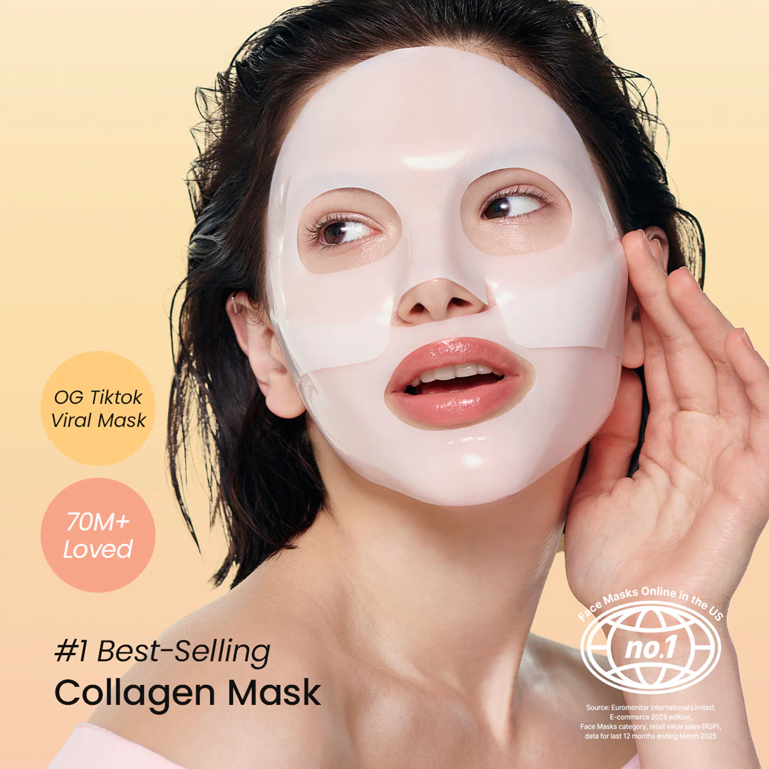 Woman wearing a collagen mask with promotional text on a beige background