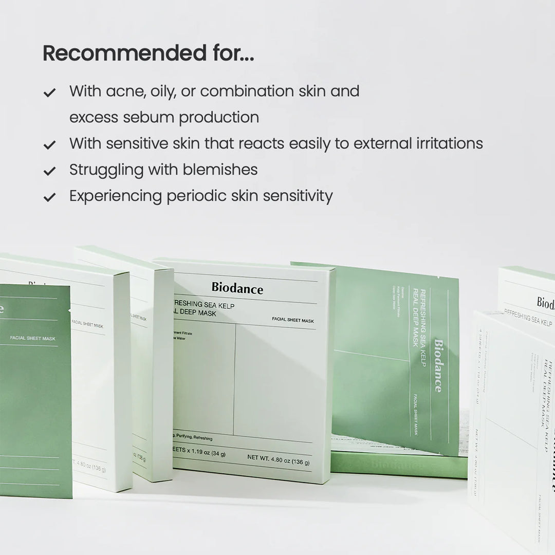 Biodance facial sheet mask packaging on a white background with text about skin conditions.