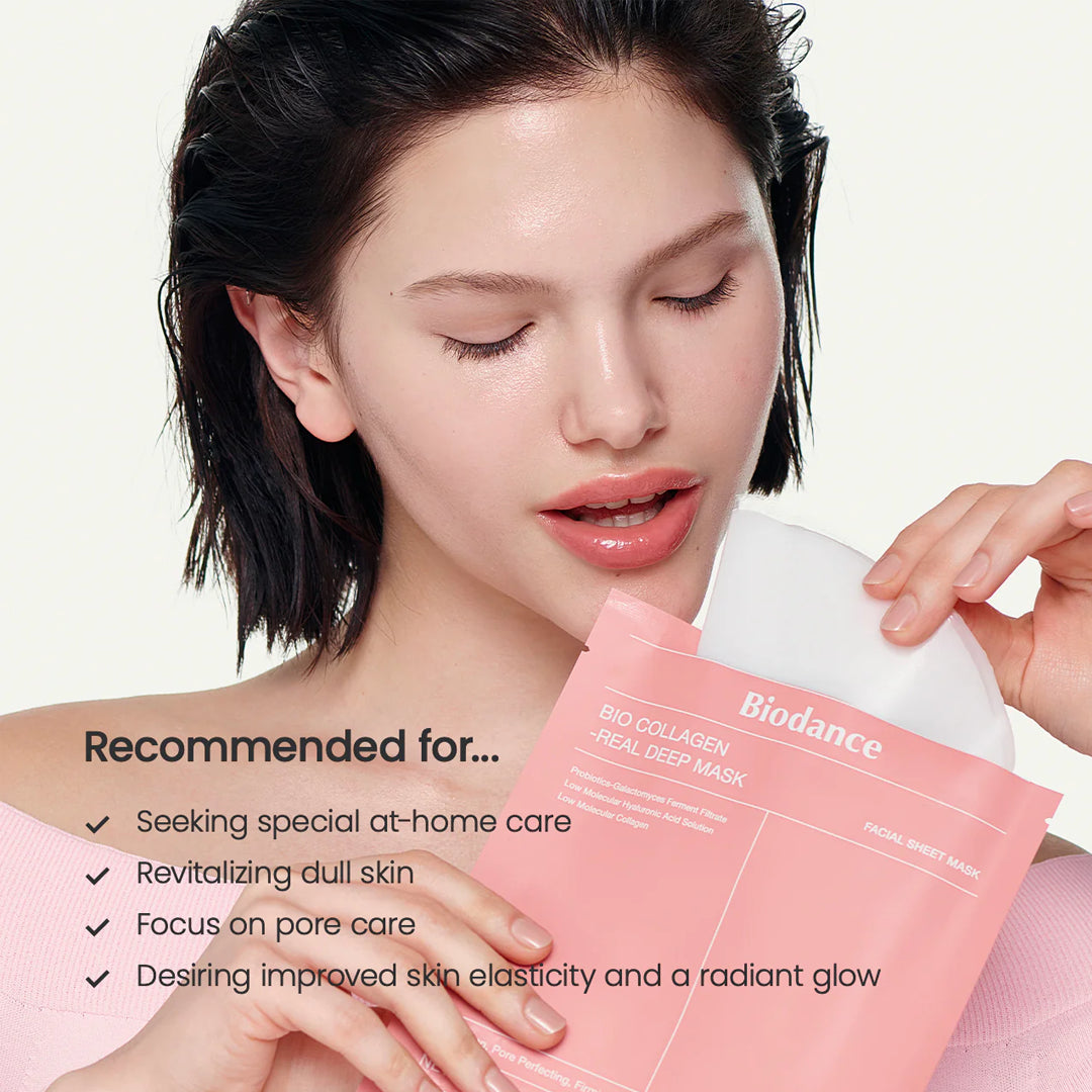 Woman holding a Biodance Bio Collagen Real Deep Mask with text about product use.