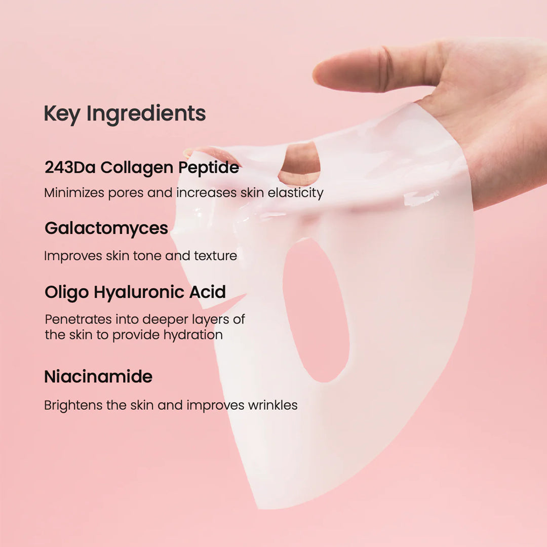 Skin care mask with key ingredients listed on a pink background