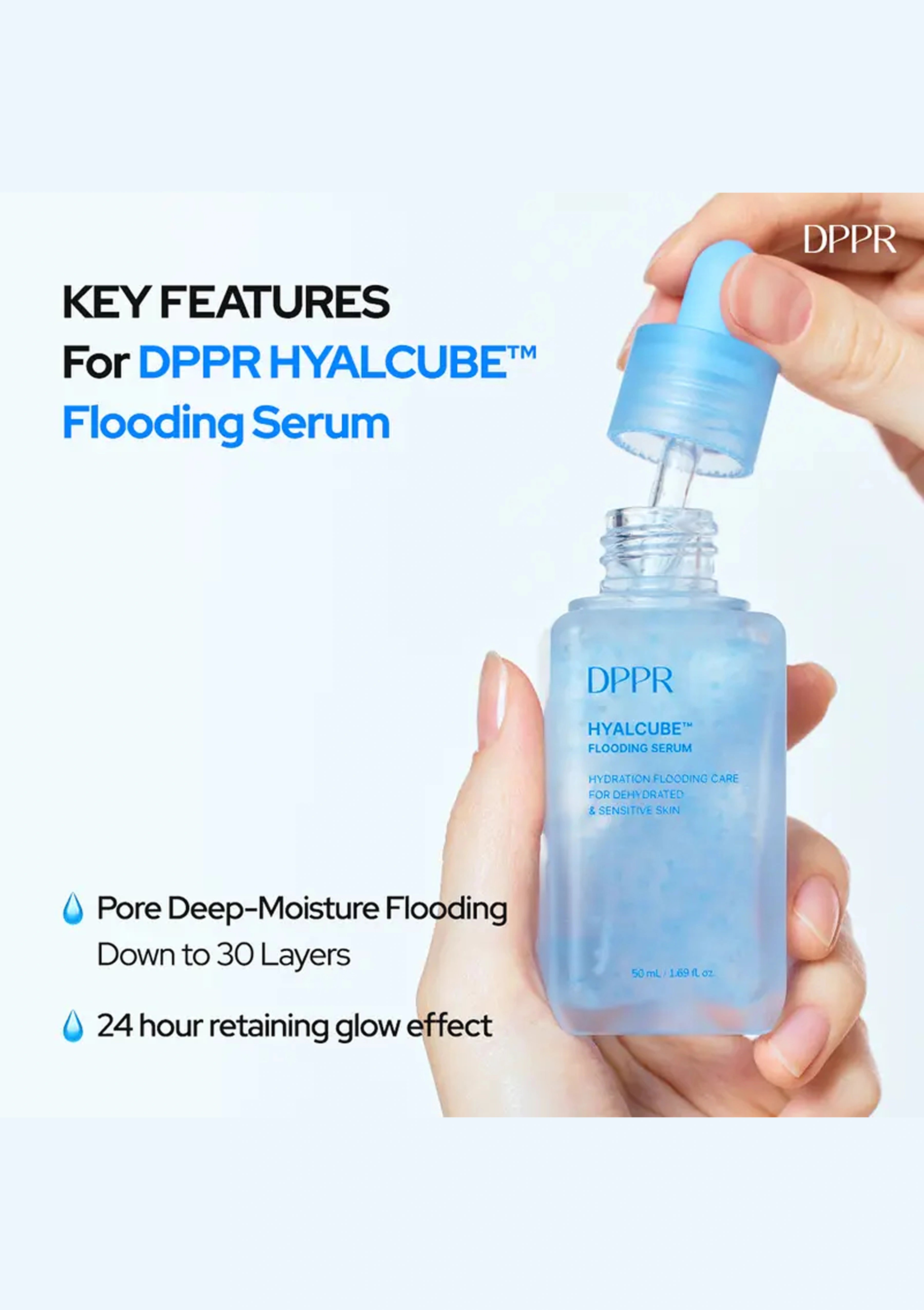 DPPR Hyalcube Flooding Serum bottle held by a hand with product features listed.