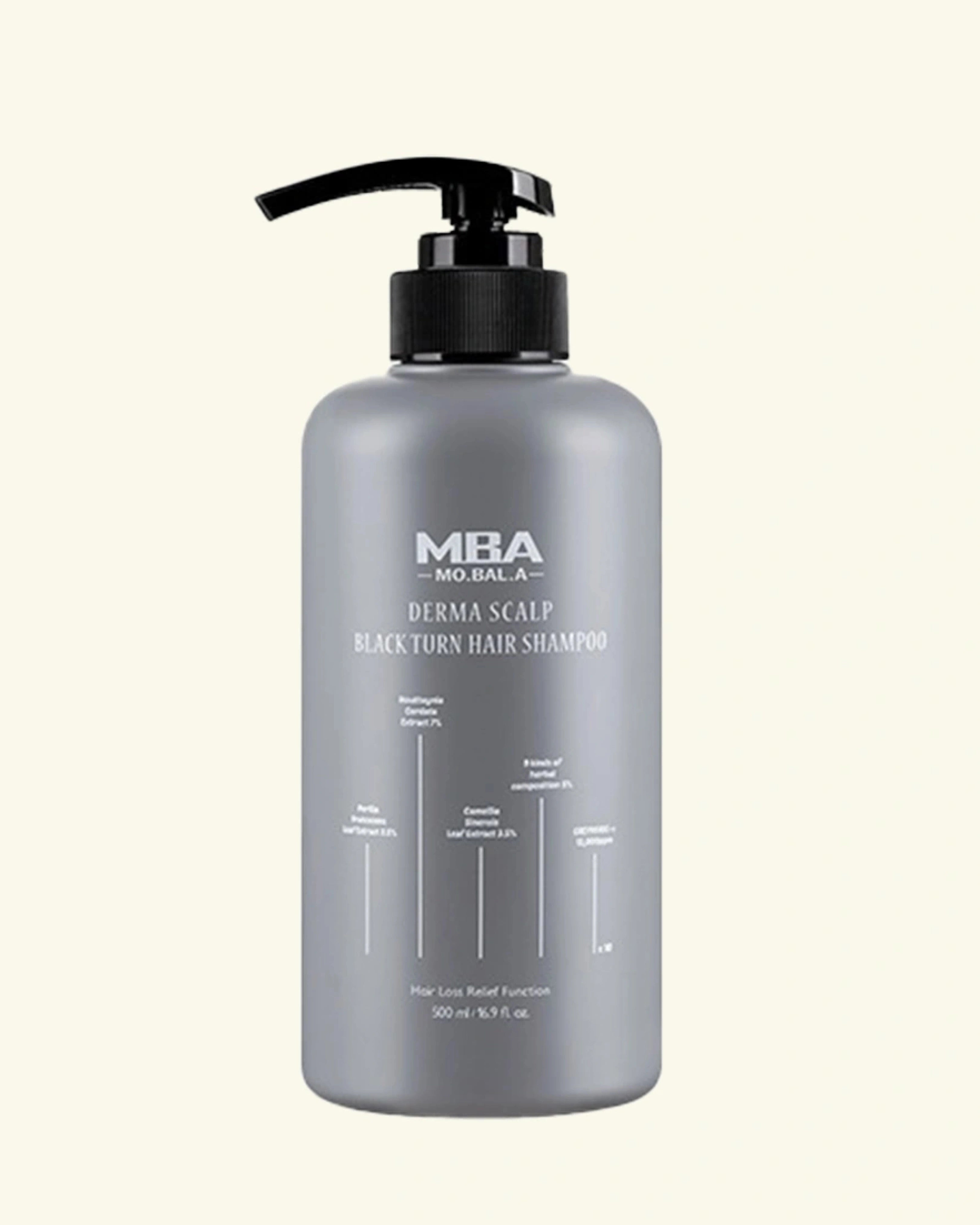A 300 ml bottle of MBA Bio Bala Derma Scalp Black Turn Hair Shampoo, featuring a matte gray bottle and a black pump dispenser, set against a solid cream background.