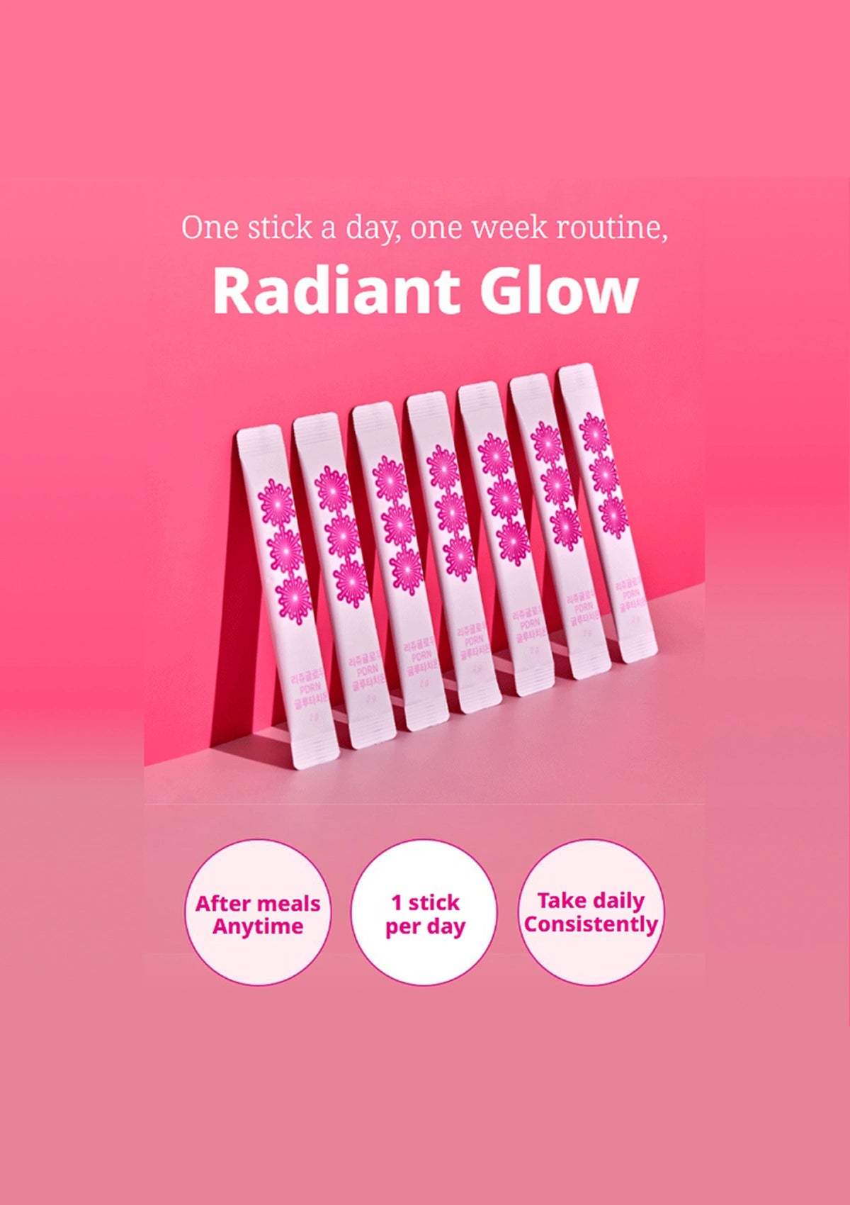 A promotional graphic for a skincare product showing eight white stick packs with pink floral designs fanned out on a pink background. Text at the top reads 'One stick a day, one week routine, Radiant Glow,' and three circular callouts at the bottom state 'After meals Anytime,' '1 stick per day,' and 'Take daily Consistently.