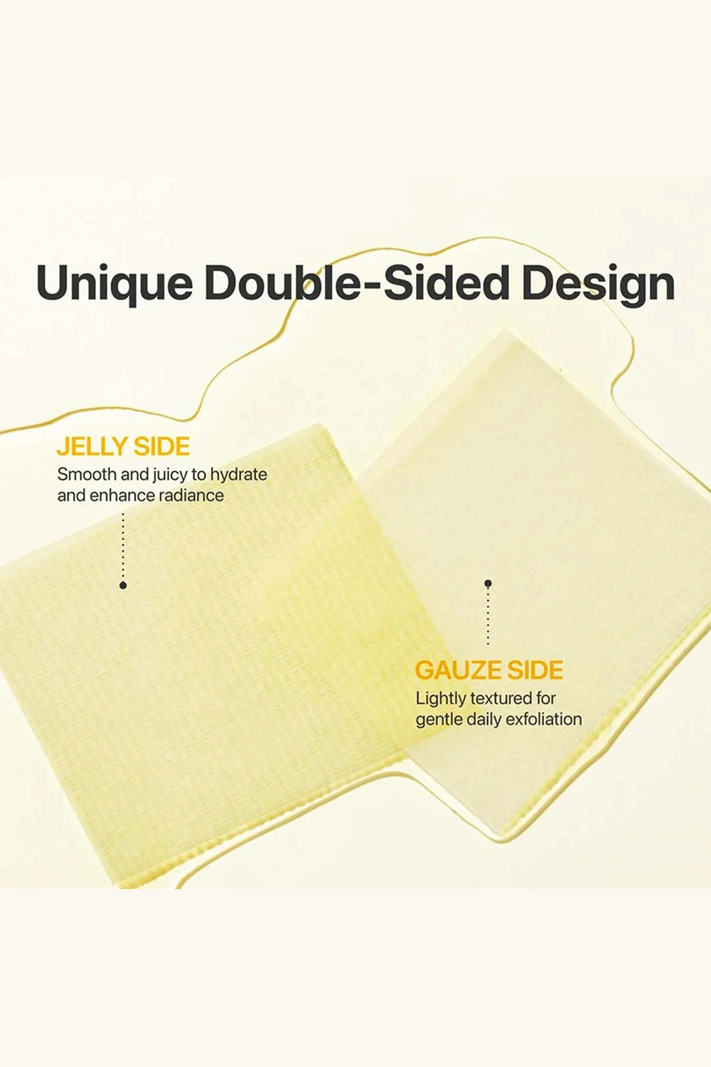 Double-sided skincare mask with text describing the jelly and gauze sides on a white background.