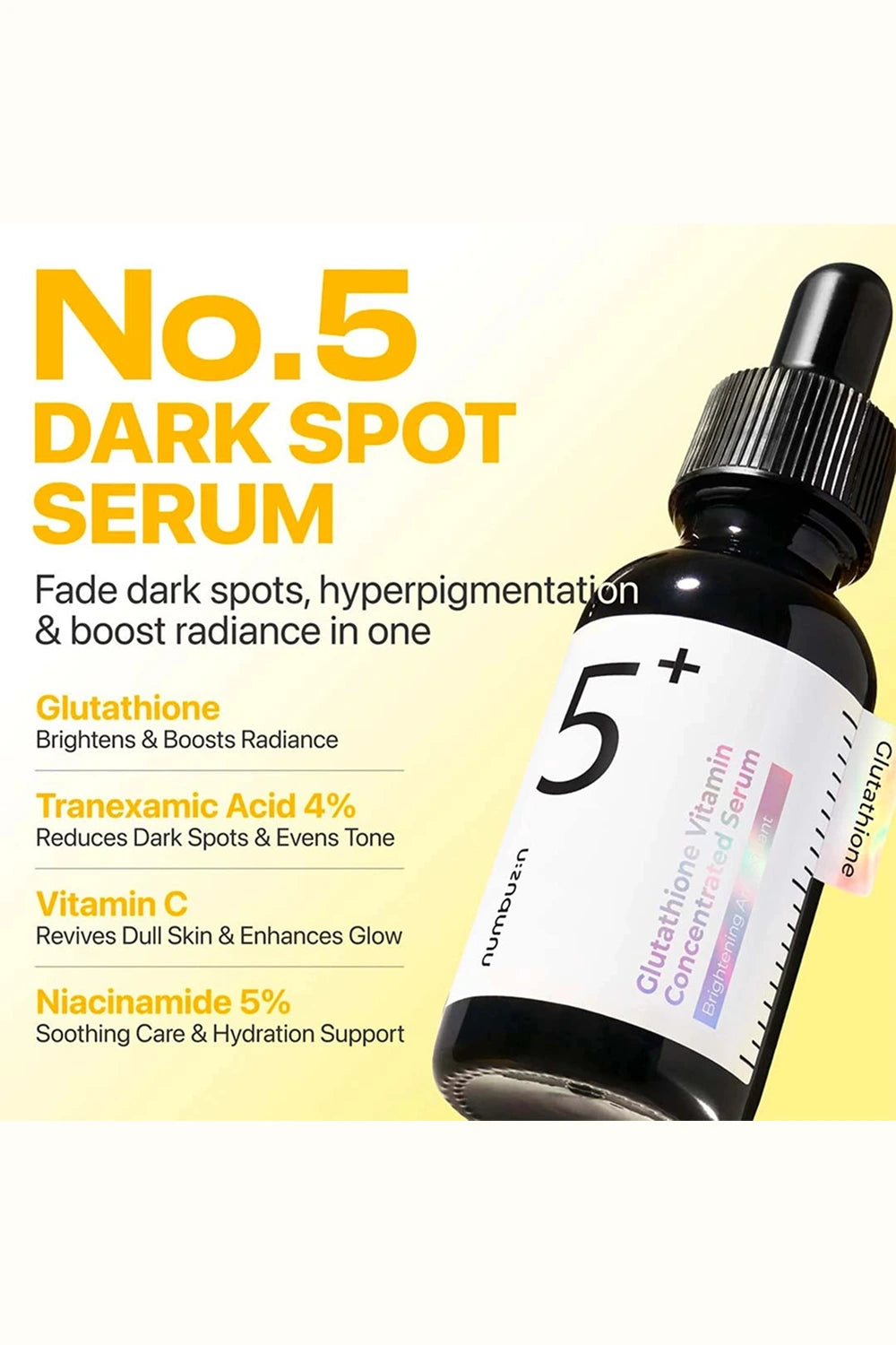 No.5 Dark Spot Serum bottle with yellow text on a light yellow background