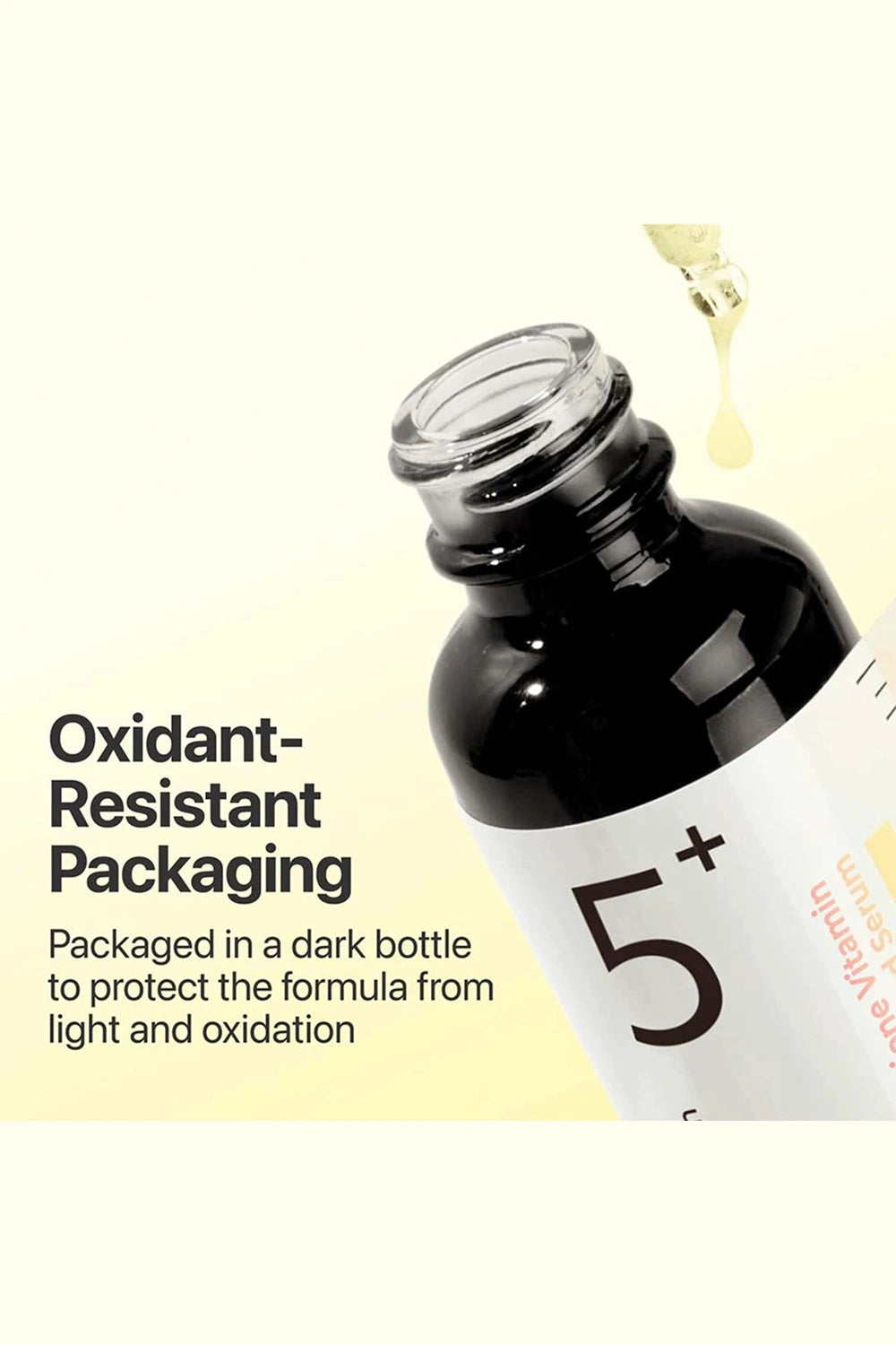 Dark bottle with a dropper labeled '5+' on a light background, highlighting oxidant-resistant packaging.