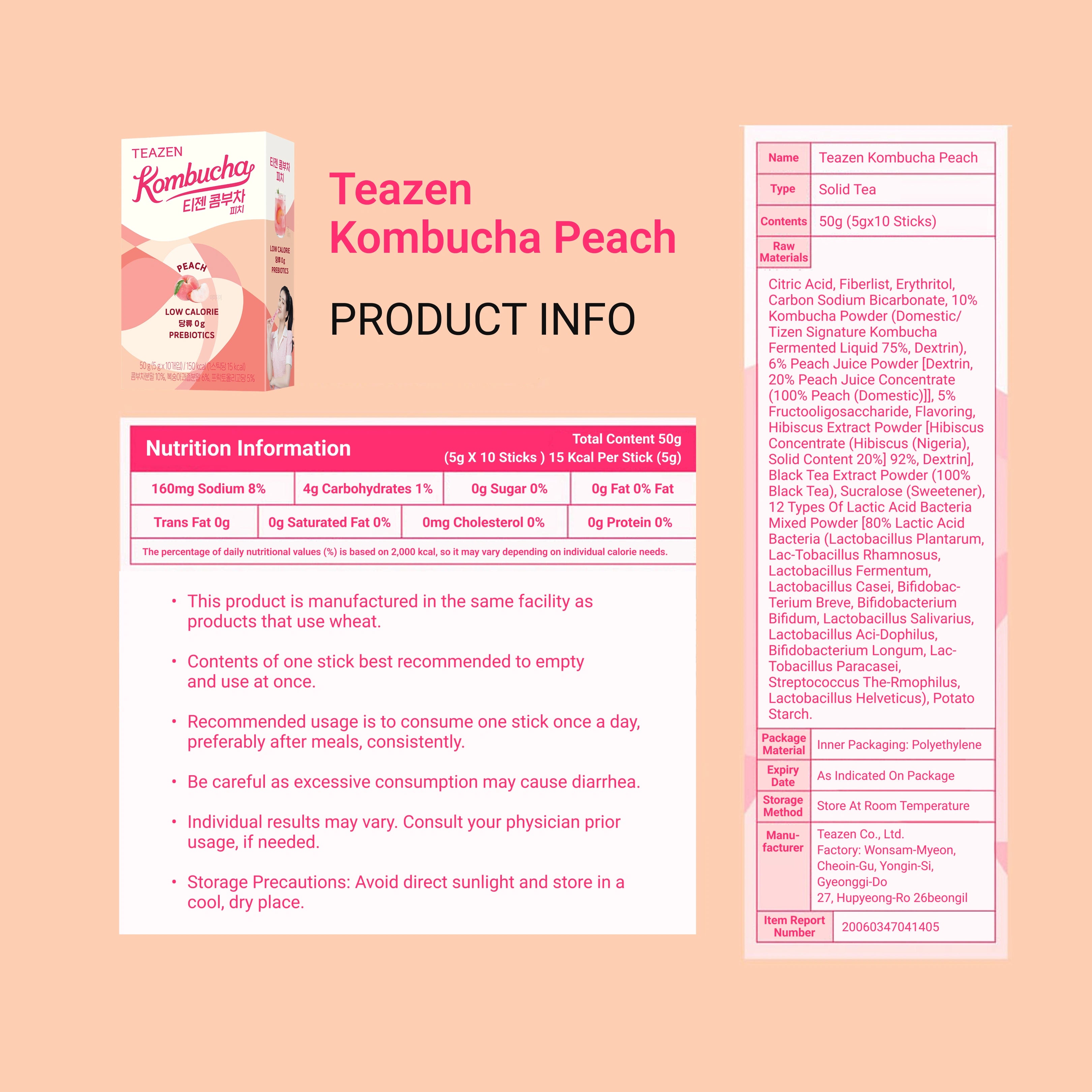 Teazen Kombucha Peach product packaging with nutrition information on a pink background