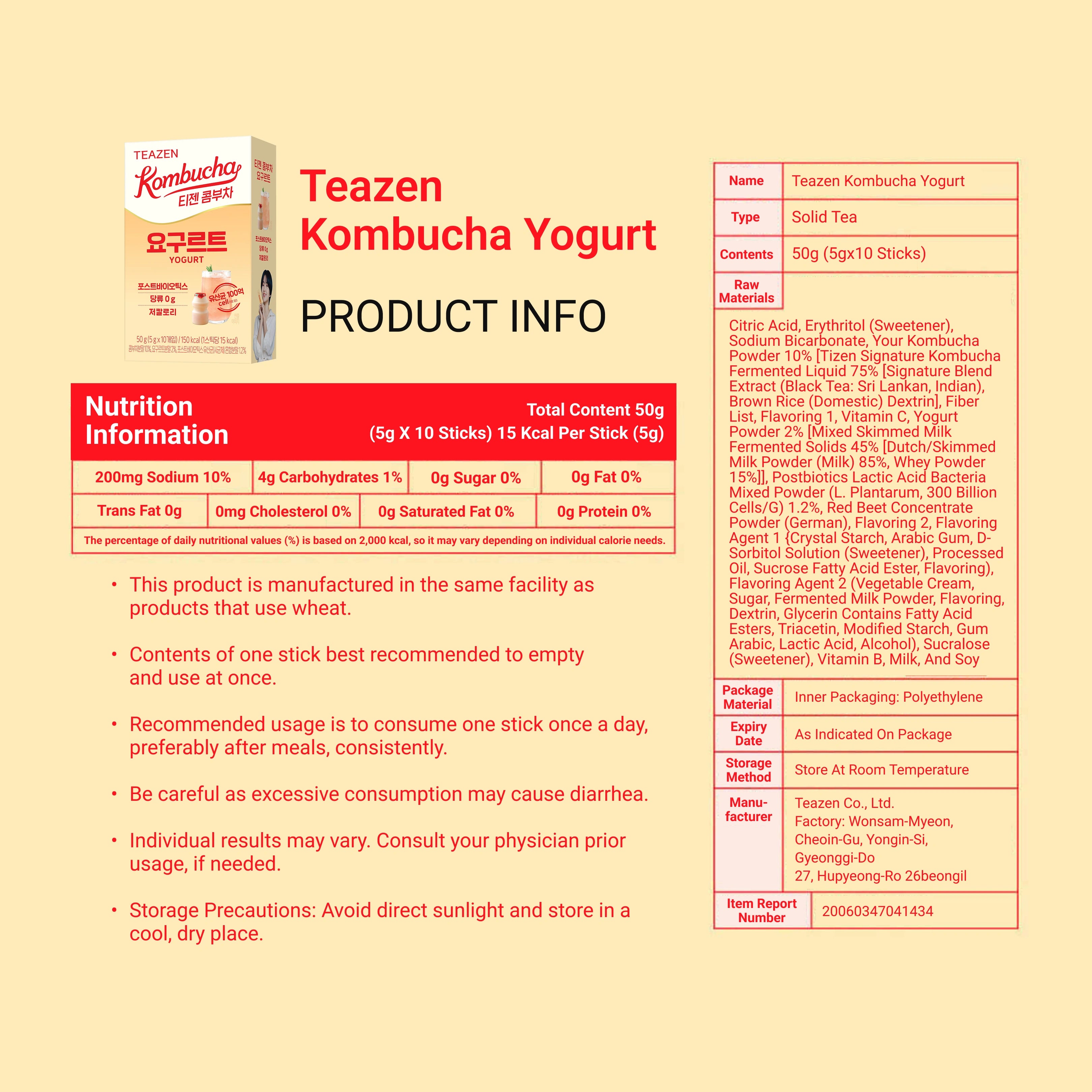 Teazen Kombucha Yogurt product information sheet with nutrition details and packaging details on a yellow background.