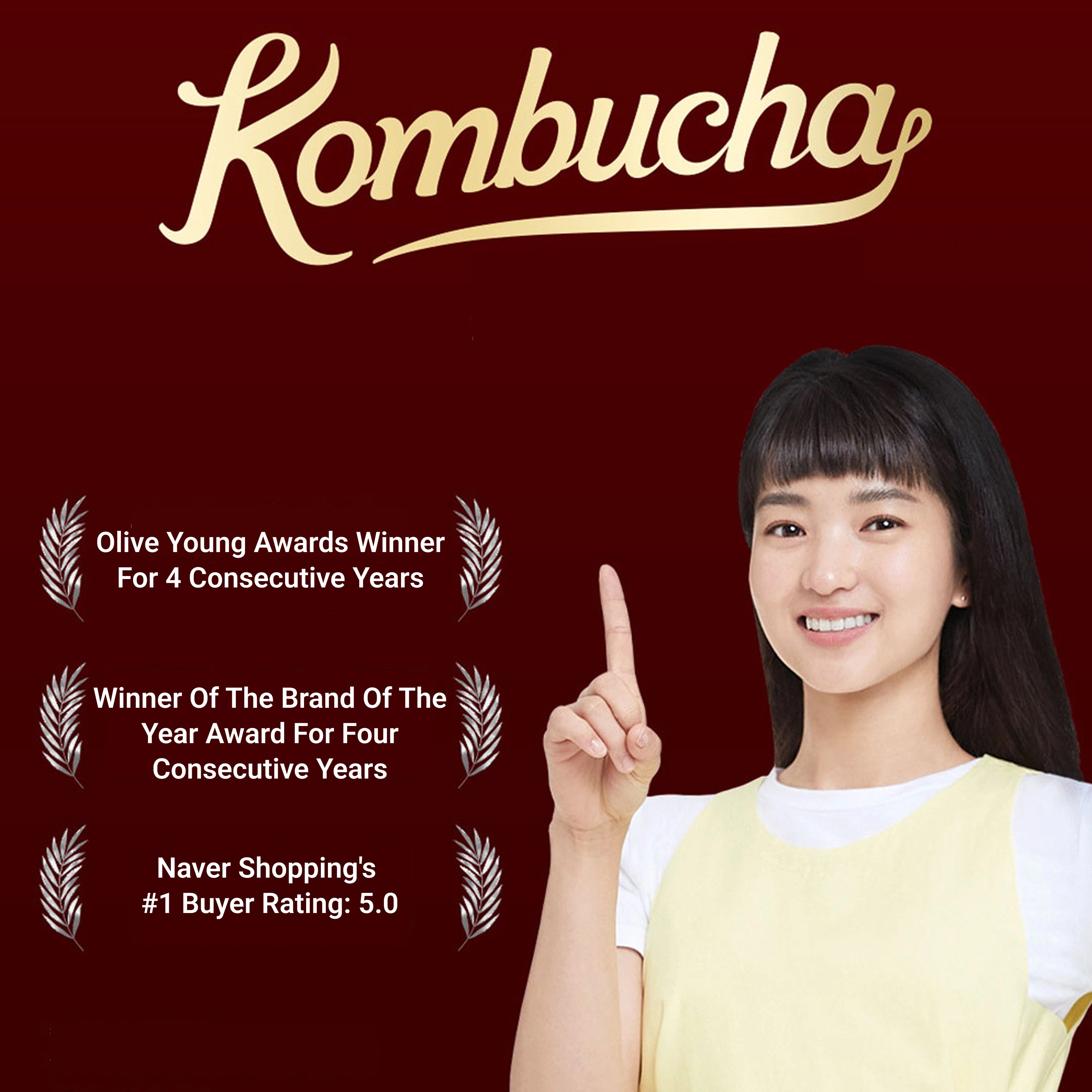 Woman pointing upwards with accolades listed on a red background, featuring the brand 'Kombucha'.