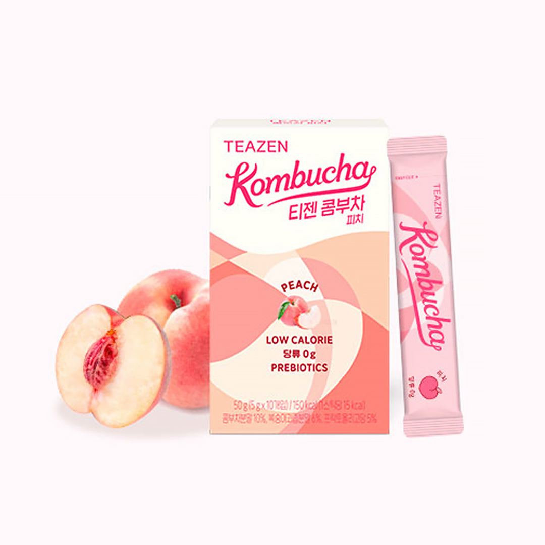 Teazen Kombucha peach flavor package with peaches on a white background