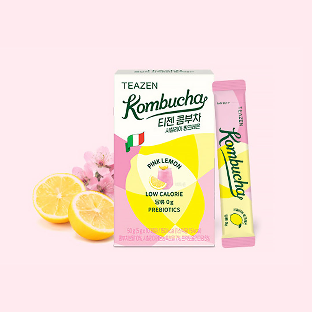 Teazen Kombucha Pink Lemon flavor package with a stick pack on a white background