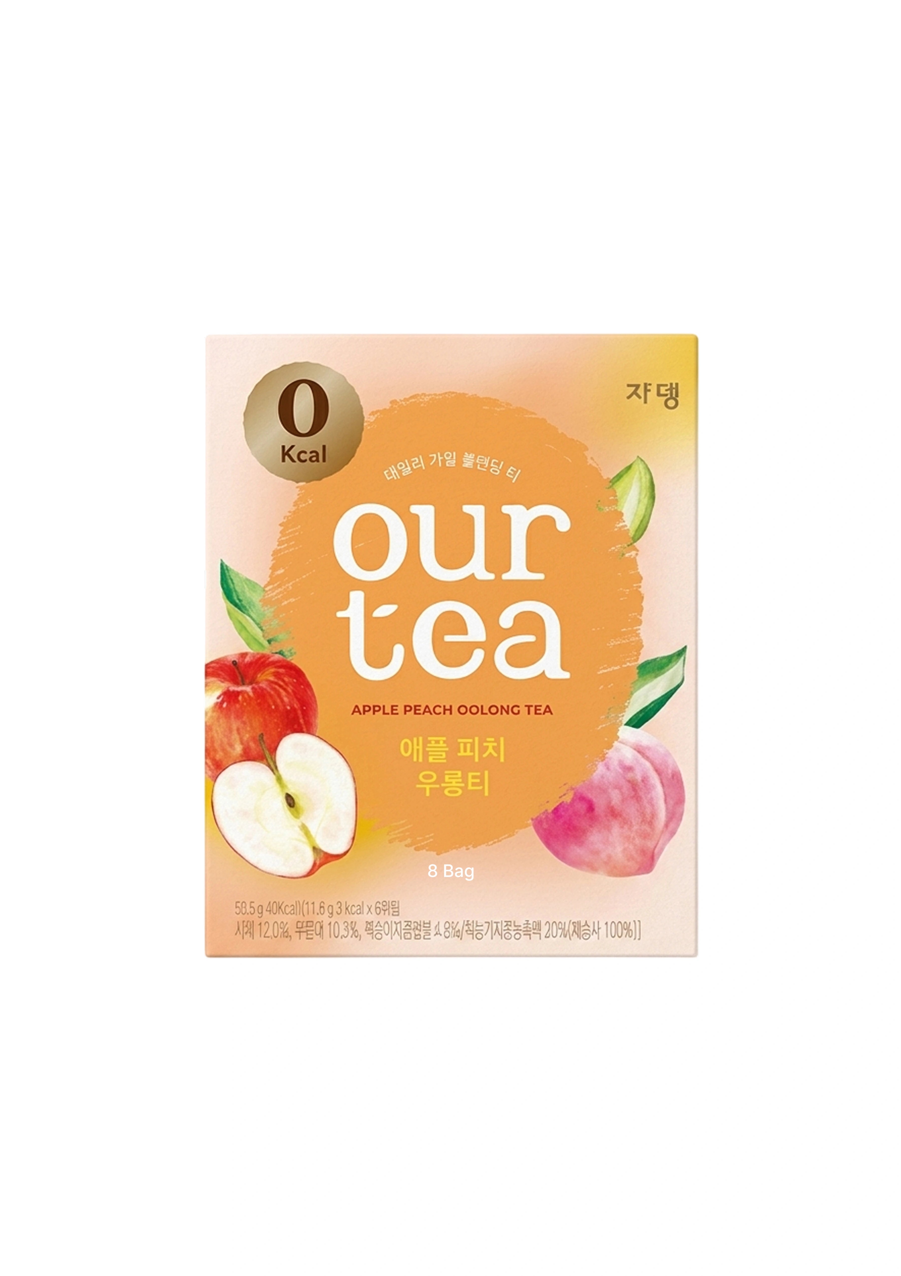A box of Our Tea Apple Peach Oolong Tea on a plain white background. The packaging features a peach and orange color scheme with illustrations of a red apple, a sliced apple, and a peach.