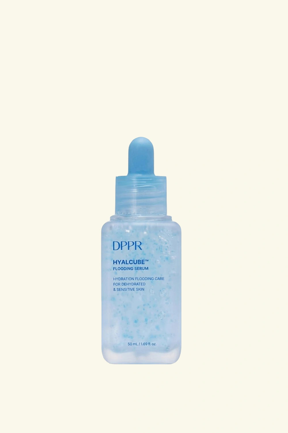 Blue skincare serum bottle with dropper on a white background