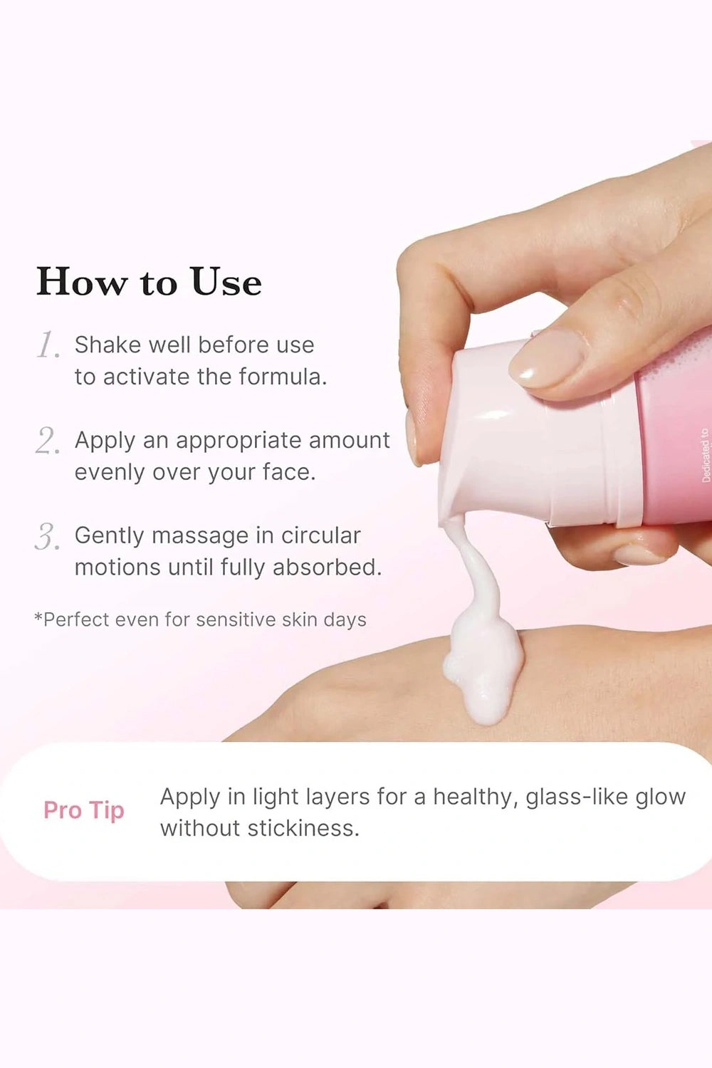 Hand applying a skincare product with text on how to use it