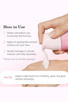 Hand applying a skincare product with text on how to use it