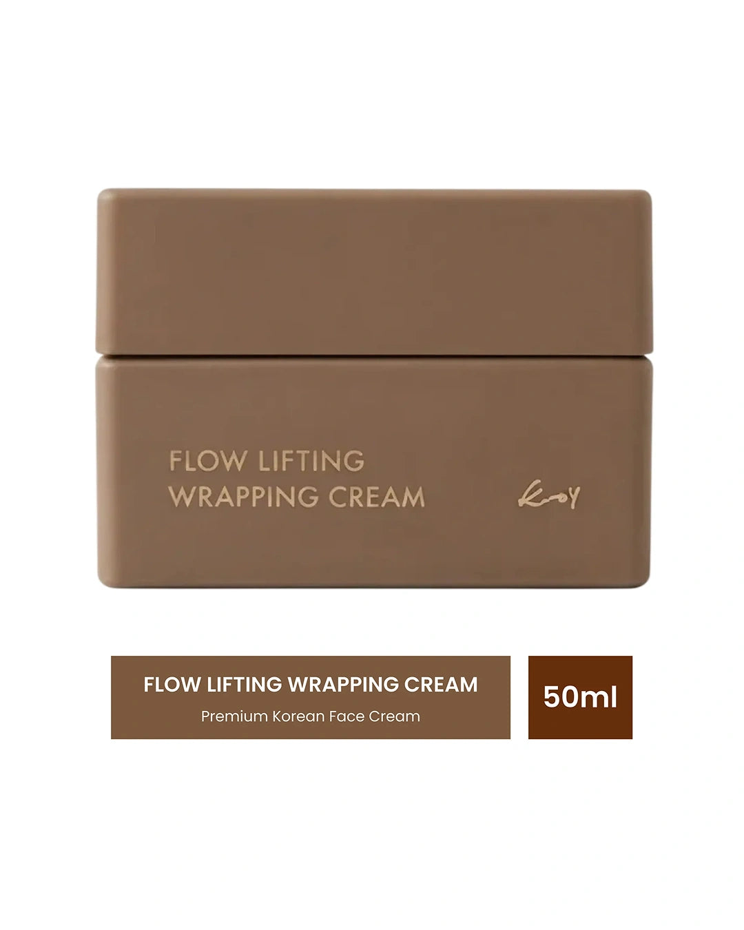 A brown rectangular cosmetic jar labeled 'FLOW LIFTING WRAPPING CREAM' with a matching text banner below on a white background.