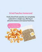 A tea bag package labeled 'PEACHES' shown on a light blue background with descriptive text and a pile of dried peach pieces. The text reads 'Dried Peaches Immersed' and explains the product's texture and flavor.