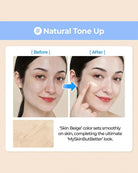 Before-and-after makeup application comparison showing a woman's face with a 'Natural Tone Up' foundation or concealer product, alongside a swatch of the beige shade and text describing the smooth skin-tone result.