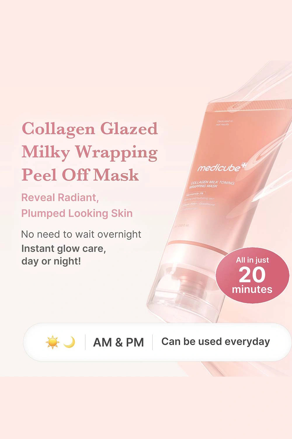 Collagen Glazed Milky Wrapping Peel Off Mask packaging with text on a pink background