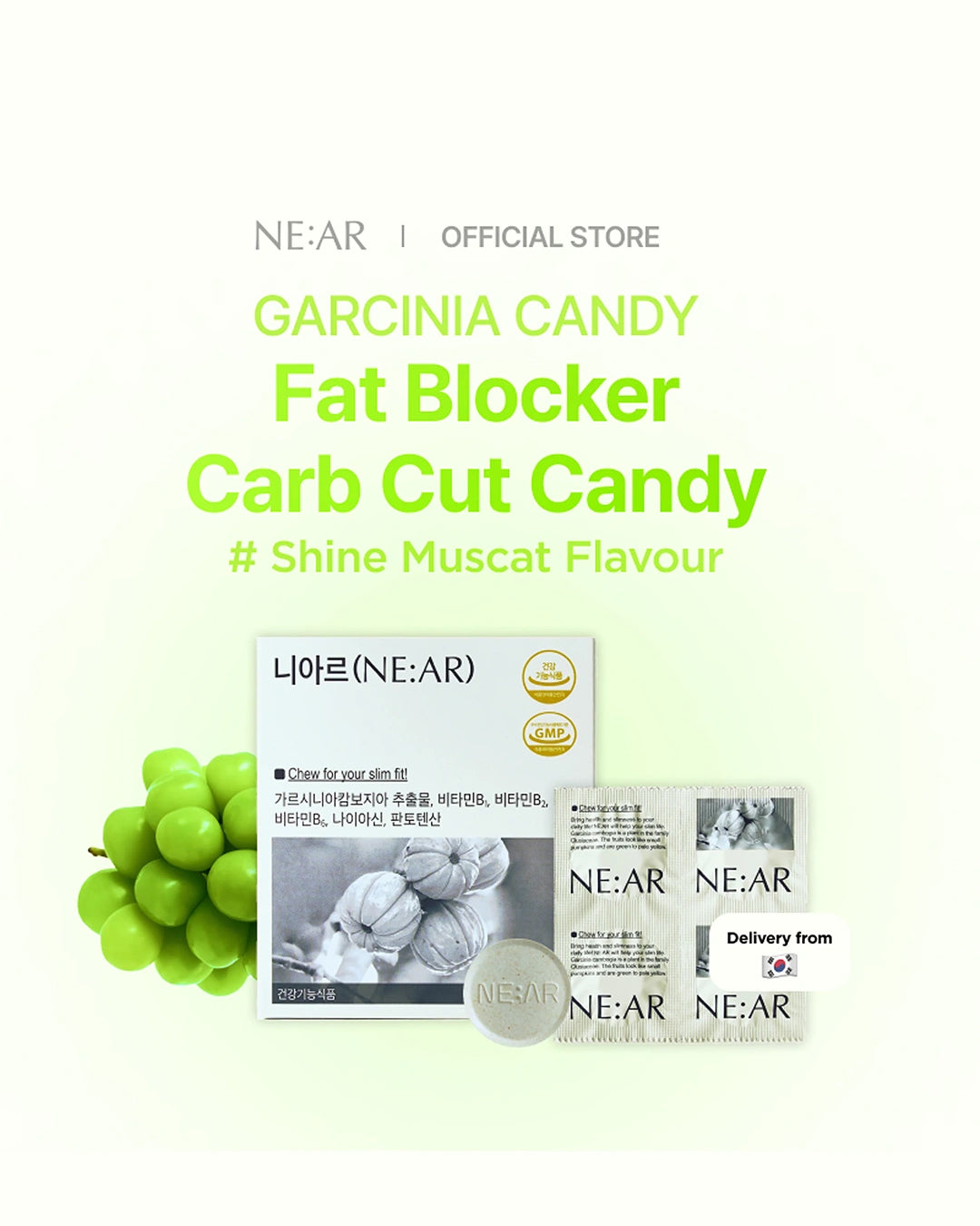 NE:AR Garcinia Candy Fat Blocker Carb Cut Candy in Muscat Flavour, featuring a white box, two sachets, and a round silver seal, styled with green grapes on a light green gradient background.