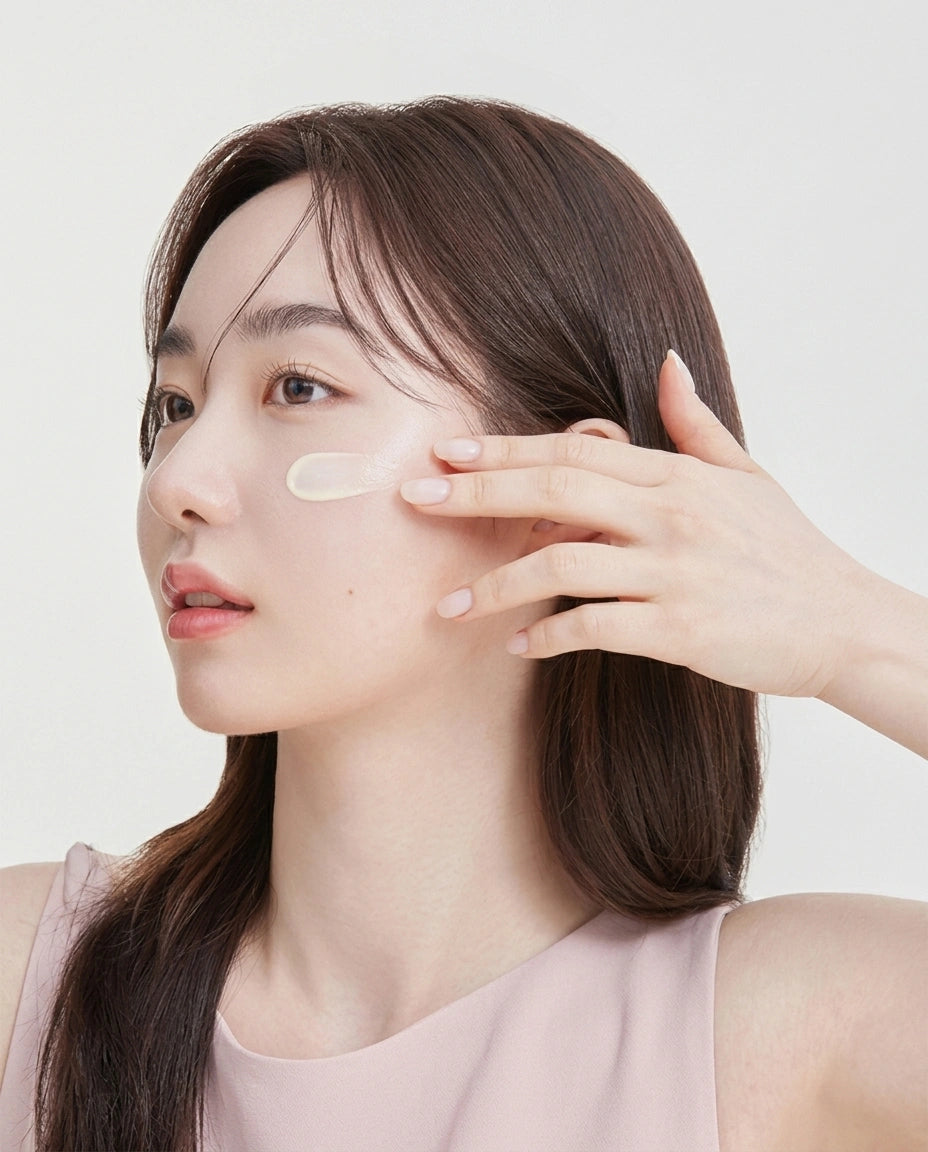 A woman with long dark brown hair applies a white eye cream to her cheek with her finger. She is wearing a light pink sleeveless top against a clean, light gray background.