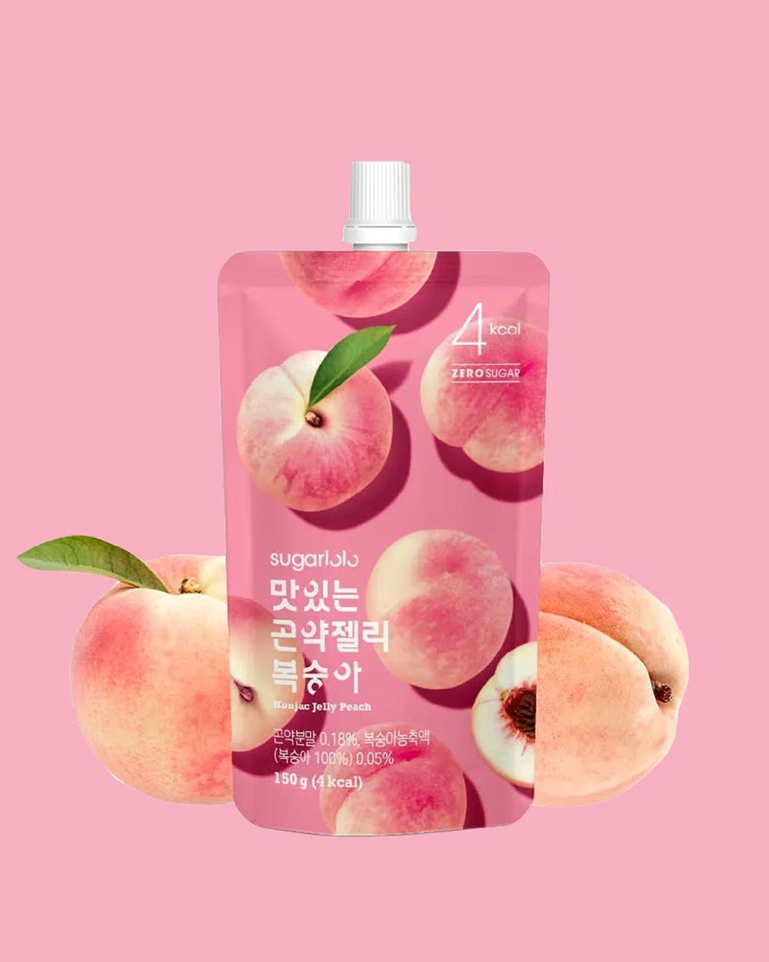 A pink stand-up pouch of sugarbaba peach jelly with illustrations of peaches and a white cap, centered on a pink background with whole and sliced peaches around it.