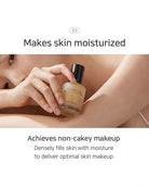 A beauty marketing graphic showing a person holding a YUNAC liquid makeup bottle against their arm, with text reading 'Makes skin moisturized' and 'Achieves non-cakey makeup'.