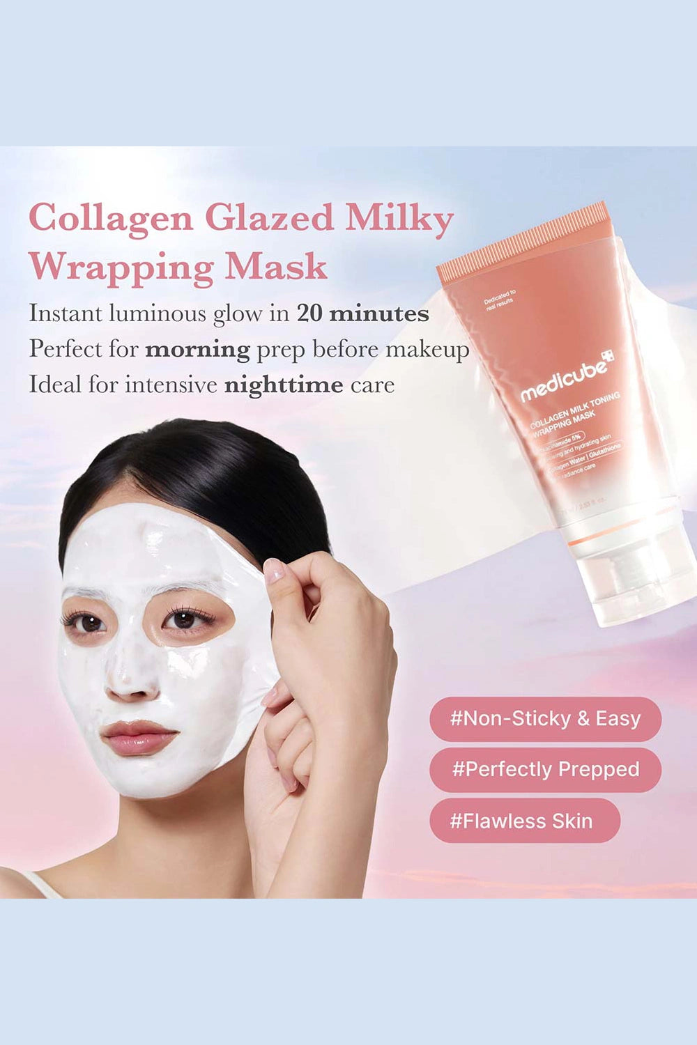 Collagen Glazed Milky Wrapping Mask with a woman applying it, set against a light blue background.