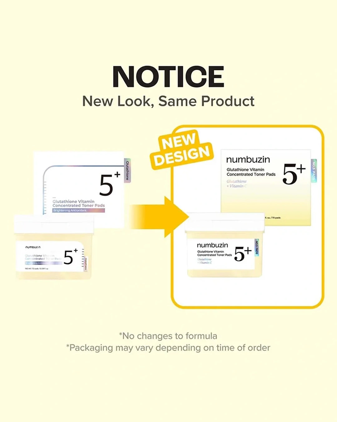 A promotional graphic on a pale yellow background announcing a new look of the numbzun 5+ Conjugated Vitamin Pads. It shows old packaging on the left and a new design on the right with a yellow arrow between them, labeled 'NEW DESIGN'.