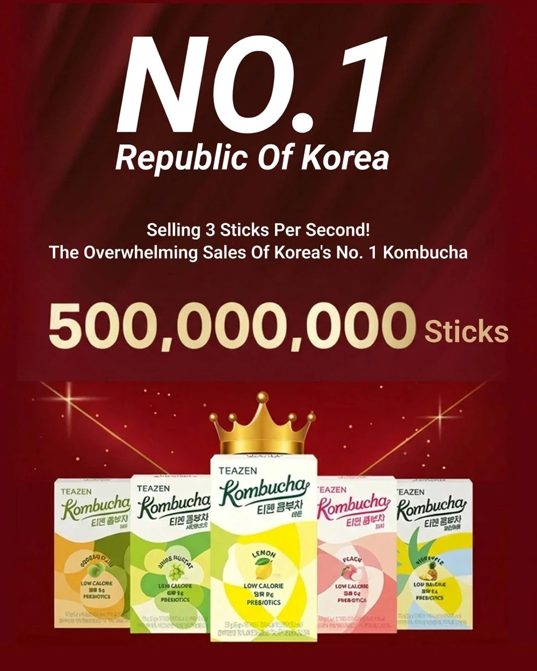 Promotional graphic for Republic of Korea kombucha sticks, featuring large white and gold text on a dark red background with five colorful Teazen Kombucha stick packs displayed at the bottom.