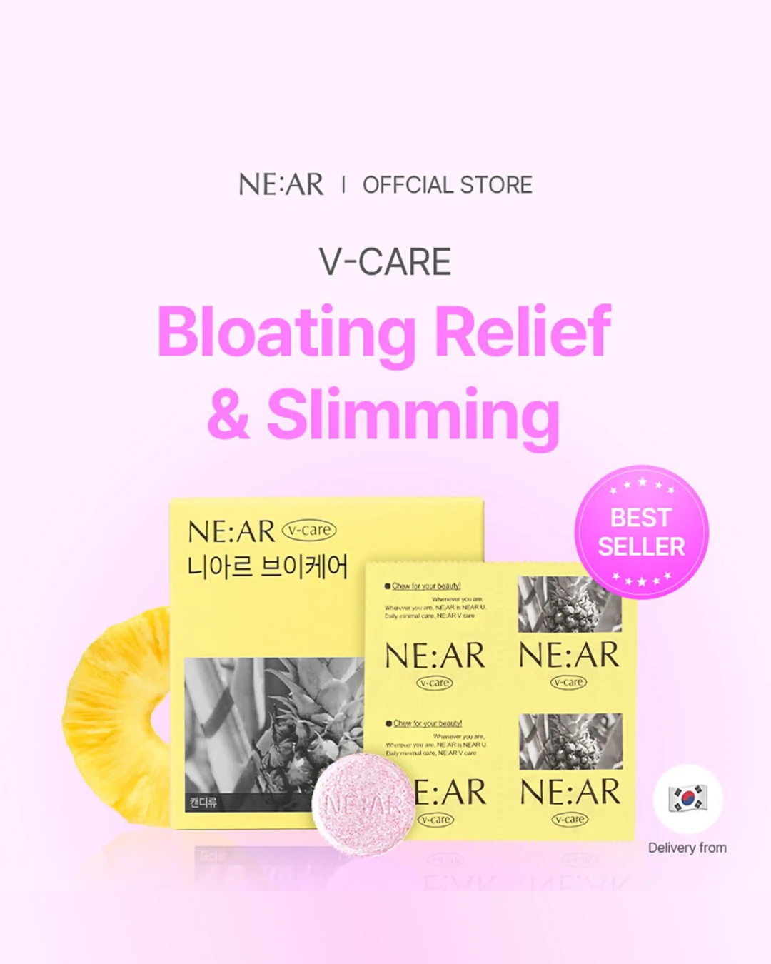 NE:AR V-Care Bloating Relief & Slimming product set on a light pink background, featuring yellow packaging boxes, a yellow gummy, and a pink round tablet, with promotional text and a 'Best Seller' badge.