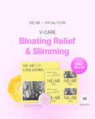 NE:AR V-Care Bloating Relief & Slimming product set on a light pink background, featuring yellow packaging boxes, a yellow gummy, and a pink round tablet, with promotional text and a 'Best Seller' badge.