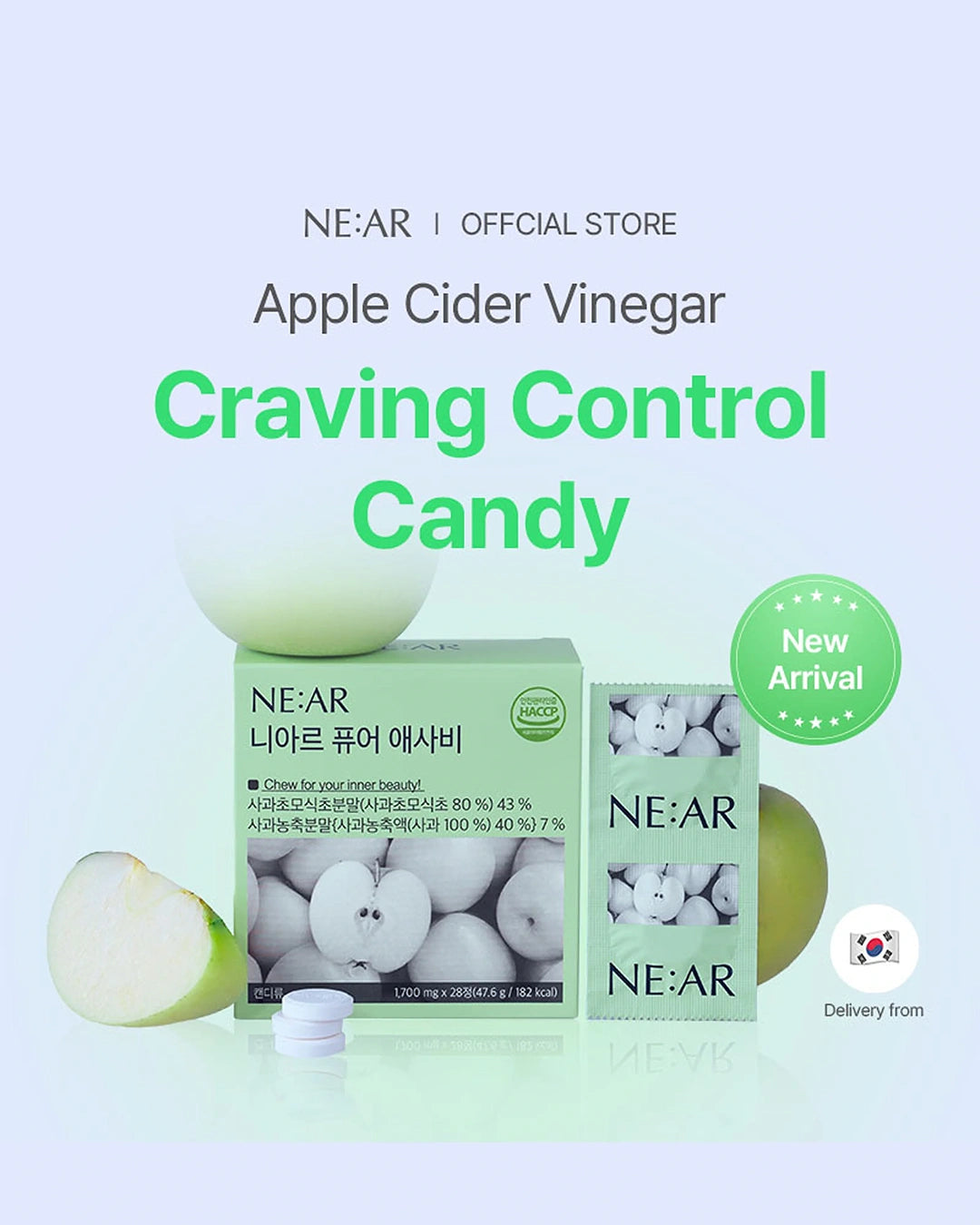 NE:AR Apple Cider Vinegar Craving Control Candy promotional graphic on a pale lavender background, showing the product box, a smaller side pack, a sliced apple, a whole apple, and text including 'New Arrival' and 'Delivery from'.
