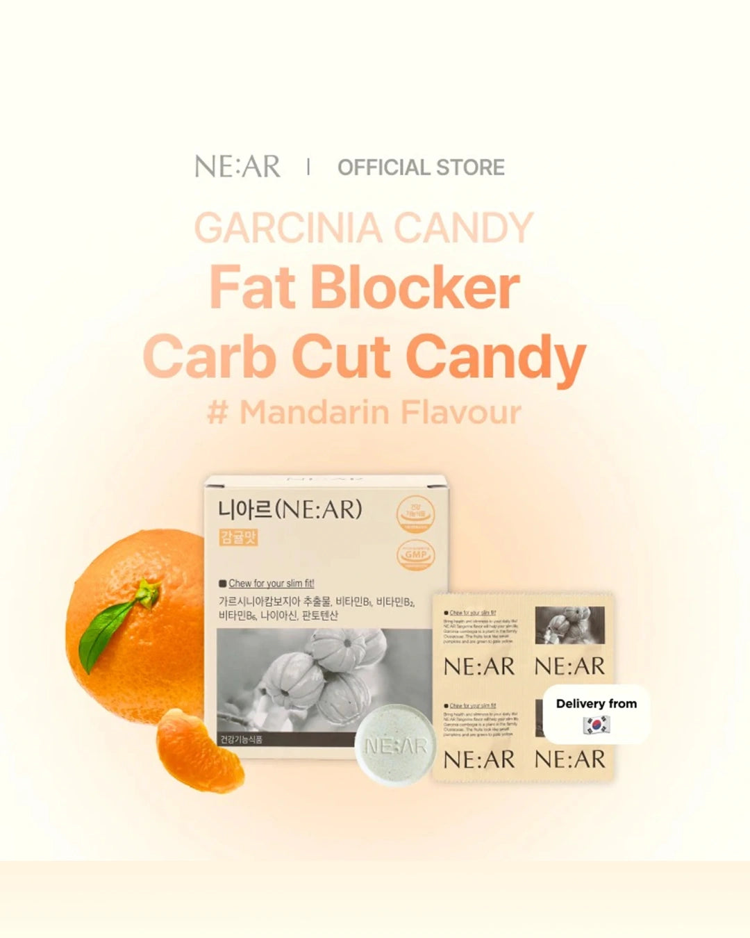 NE:AR Garcinia Candy Fat Blocker Carb Cut Candy in Mandarin Flavour, showing the product packaging box, a sachet, and a round tin alongside an orange graphic on a light cream background.