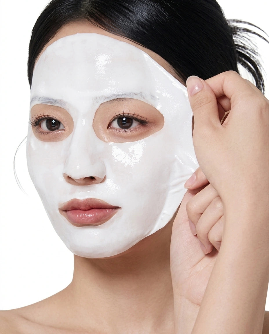 A close-up of a woman applying a glossy white sheet mask to her face, with her hand peeling back the edge of the mask against a plain white background.