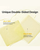 A pale yellow skincare sheet mask shown on a cream background with text explaining the double-sided design: one side is 'Jelly Side' smooth and juicy for hydration, and the other is 'Gauze Side' lightly textured for gentle exfoliation.