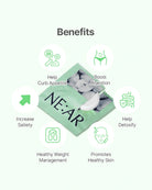 A promotional graphic for NE:AR dietary supplement capsules on a pale mint green background. The product packaging is a green foil packet with a photo of a person and the text 'NE:AR' in large black letters.