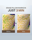 Promotional graphic showing a before-and-after comparison of a textured skin area, with the text 'ERASE PILLOW MARKS IN JUST 3 MIN' above it. The left panel is labeled 'Before' and shows green/yellow marks; the right panel is labeled 'After' and appears cleaner.