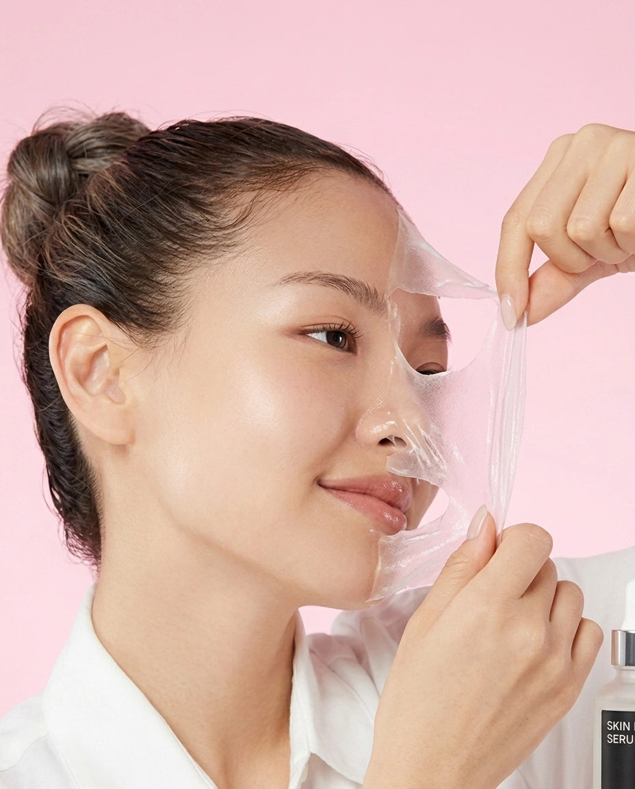 A woman with her hair in a bun applies a transparent peel-off mask to her face, pulling it away with her fingers against a solid pink background. A white skincare bottle labeled 'SKIN SERUM' is partially visible in the bottom right corner.